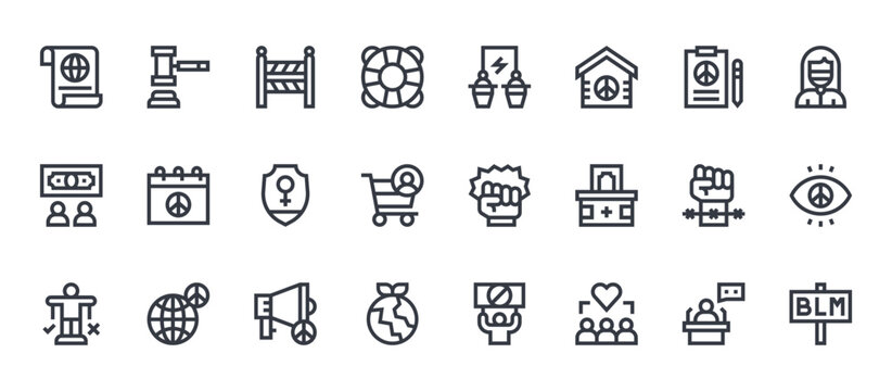 24 outline Human Rights web icons such as speech, environment, barbed wire, peace, debate. Thin vector symbols for report, presentation, web design and mobile app