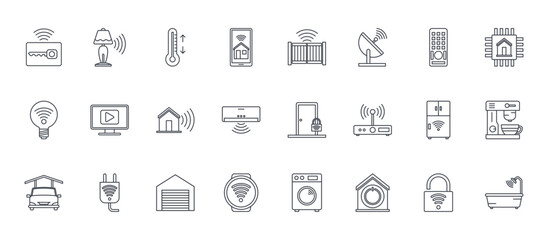 Fototapeta premium 24 outline Smart Home web icons such as unlock, smartwatch, smart refrigerator, monitor, automatic gate. Thin vector symbols for report, presentation, web design and mobile app