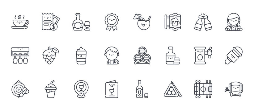 24 outline Bar web icons such as table football, menu, beer tap, hop, coconut drink. Thin vector symbols for report, presentation, web design and mobile app
