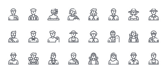 Obraz premium 24 outline Travel People web icons such as tourist, selfie, traveller, sailor, guide. Thin vector symbols for report, presentation, web design and mobile app