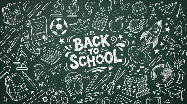 Back to school chalkboard illustration with school supplies and educational elements