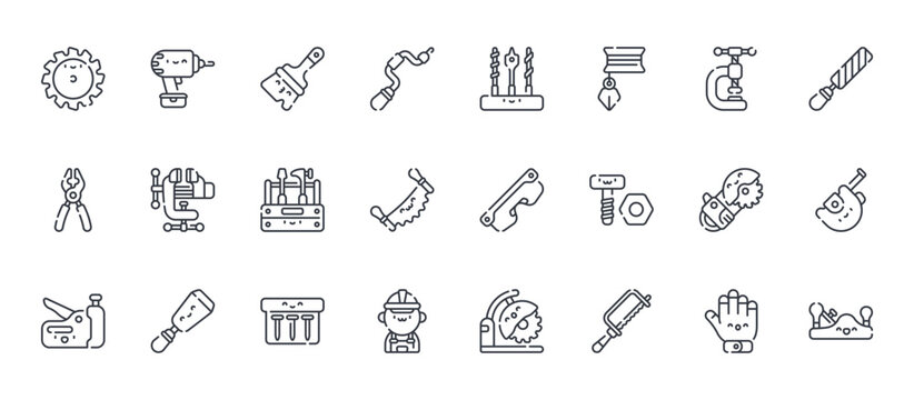 24 outline Carpentry web icons such as gloves, carpenter, power saw, vice, drill bit. Thin vector symbols for report, presentation, web design and mobile app