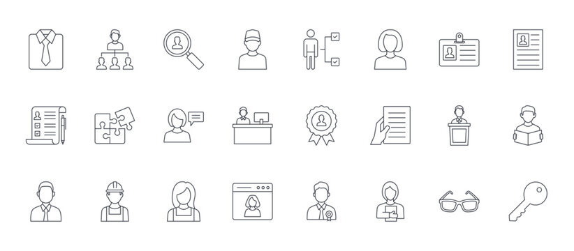 24 outline Employees web icons such as glasses, video call, speech, Jigsaw, management. Thin vector symbols for report, presentation, web design and mobile app