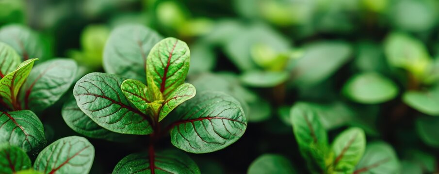 Close-up panoramic macro of fresh beet leaves with vivid red veins. Striking contrast and fine texture make this premium food photography visually captivating.