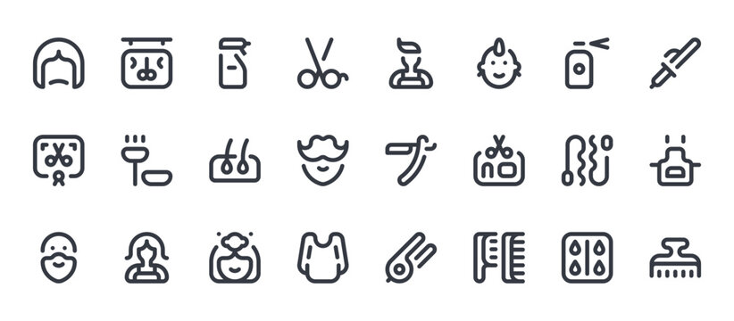 24 outline Hairdressing web icons such as hair dye, cape, bobby pin, dye, hairdresser. Thin vector symbols for report, presentation, web design and mobile app