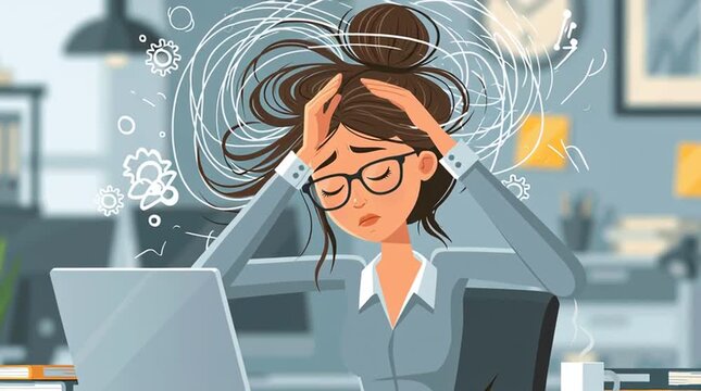 Stressed office worker overwhelmed by mental overload at desk, workplace anxiety and burnout concept illustrated in modern cartoon style