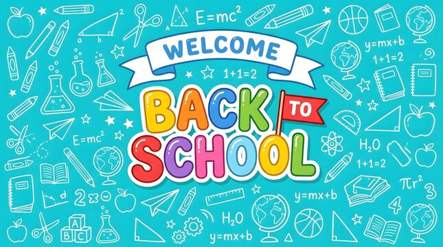 Back to school colorful education supplies and science doodle illustration