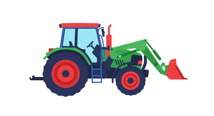 Naklejka premium A green tractor with a red roof and loader bucket sits isolated