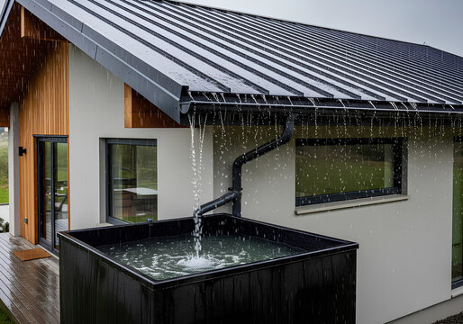 Heavy Rain Pouring From Metal Roof Gutter Directly Into Large Black Square Water Storage Tank