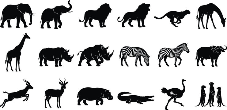 African wildlife silhouette illustration collection featuring elephants, lions, giraffes, zebras, rhinos, and crocodiles