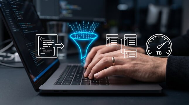 Big Data Processing and High-Speed Filtering Concept: Hands Typing on Laptop with Neon Funnel, Document Transfer, and TB Speedometer Icons for Data Analytics and ETL

