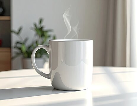 A white mug of steaming beverage sits on a table with sunlight streaming in