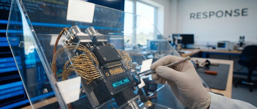 Robotic assembly engineering lab technician tweaking high-tech electronic microchip components with precision tool. Gloved hand adjusts hardware device inside modern research center facility workshop.