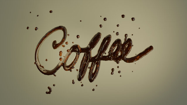 Coffee themed splash typography. Brown liquid text writing the word coffee. 3D illustrative render with blank copy space for text.