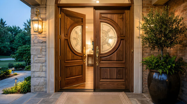 Elegant double wooden front doors with decorative glass panels and brass hardware, opening into a warm, inviting home entryway at dusk, with stone exterior and lush landscaping