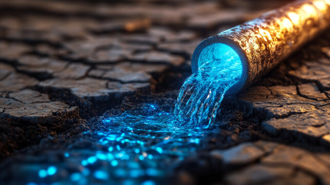 Glowing fresh water flowing from a rusty metal pipe onto dry cracked desert ground, concept of life and environmental sustainability