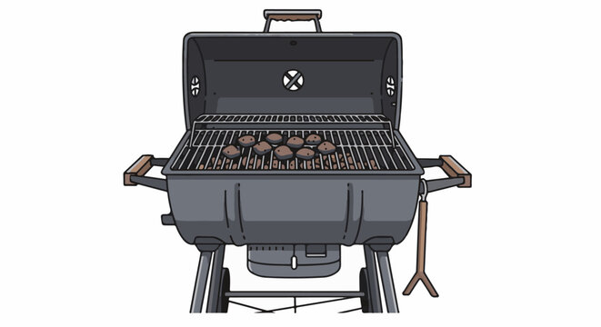 An open grill with a rack of simmering meat patties sits on wheels, ready for a cookout