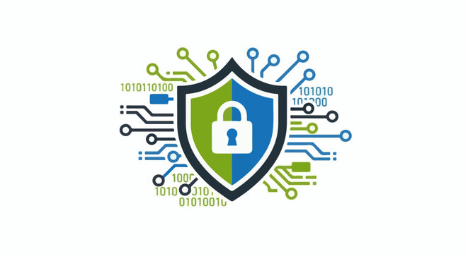 Digital shield icon with binary code and circuit pathways