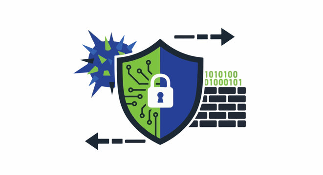 Digital shield protects against cyber threat, represented by a spiky object and binary code