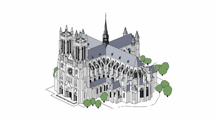 Obraz premium Isometric view of a grand Gothic cathedral with intricate spires, arched windows, and surrounding trees
