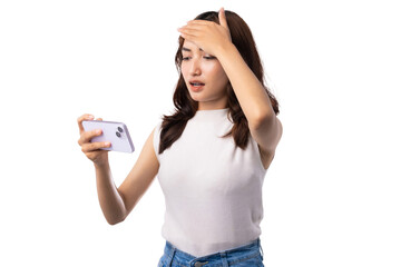 Fototapeta premium Worried Young Woman Checking Smartphone Message on Transparent Background