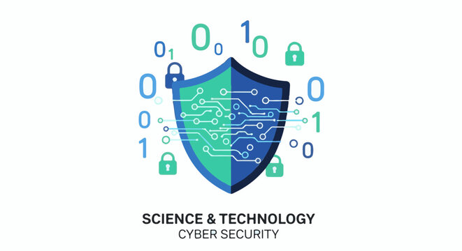 Digital shield with binary code, circuit board patterns, and lock icons symbolizing cybersecurity