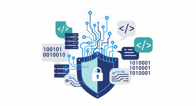 Digital shield with lock, circuit lines, and binary code