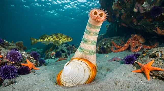 Geoduck Clam on a Vibrant Pacific Seafloor with Heroic Siphon Detail, Visionary Floral Markings, and Rich Cold-Water Marine Biodiversity