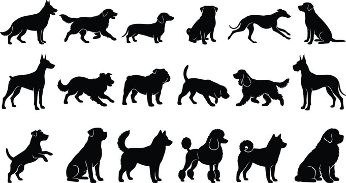Collection of dog breed silhouette illustrations showing diverse poses including standing, sitting, walking, and running