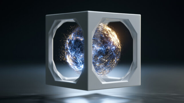 Futuristic glowing energy sphere suspended inside a white hollow cube frame 3D rendering
