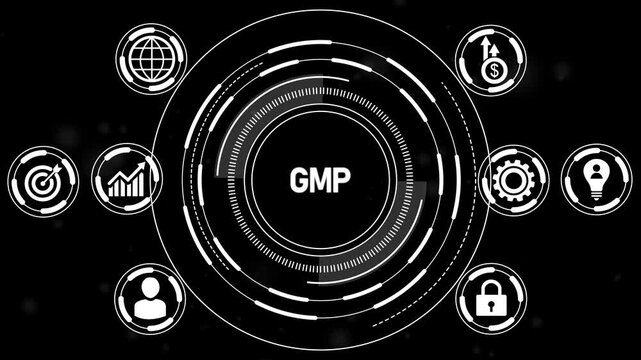 GMP - Good Manufacturing Practice concept background. Standards, Quality, Compliance, Documentation.4k animation video.
