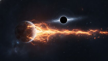 Obraz premium A planet being destroyed by a black hole in deep space, with glowing molten lava and debris streaming into the gravitational singularity