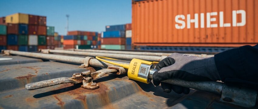 Shipping container security seal lock being installed by gloved hand on cargo transport box in seaport terminal yard, yellow bolt lock with QR code for logistic verification and loss prevention protec