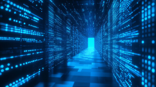 Futuristic blue digital technology data tunnel background with glowing binary codes and cyber network light