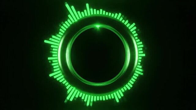 A vibrant green neon circular audio equalizer visualizer with pulsating bars on a dark background. Perfect for music, tech, and abstract projects.