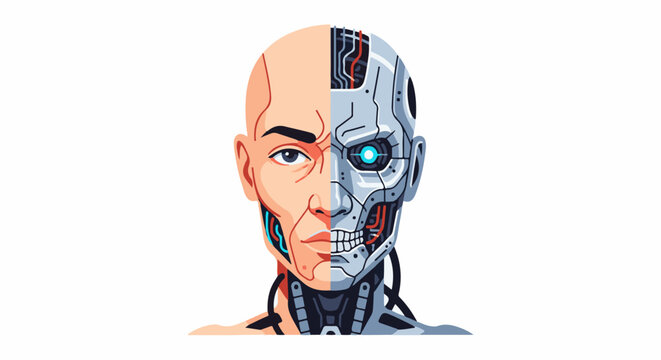 A split portrait shows a human face merging with a robotic mechanical head