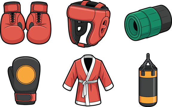 Boxing, equipment icon set, gloves headguard hand wraps focus mitt robe and punching bag for combat sports