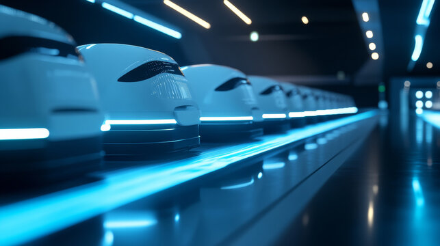 Futuristic autonomous passenger pods and smart shuttle vehicles lined up in a high-tech transit station with glowing blue neon lights, sci-fi transportation concept