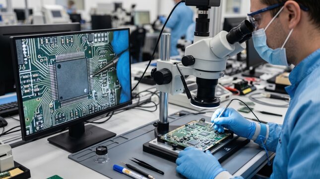 Solder joint inspection under digital microscope shows microelectronics quality control, assembly verification, defect detection and reliable electronics manufacturing.