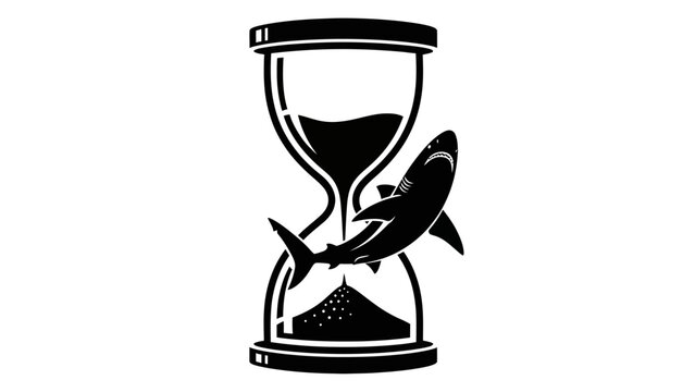 Shark circling hourglass, symbolizing time running out, danger, urgent deadline