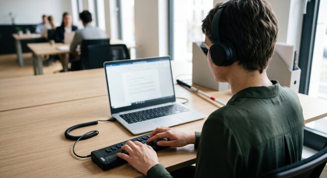 Refreshable braille display in active use beside laptop illustrates blindness access, tactile reading and practical workplace inclusion through assistive technology.