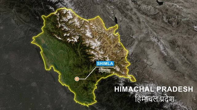 Himachal Pradesh India State Map Animation with Shimla Capital Location Pin on Satellite View, Himalayan Terrain, Glowing Border Outline, GIS Cartography, News Broadcast Motion Graphics, 4K