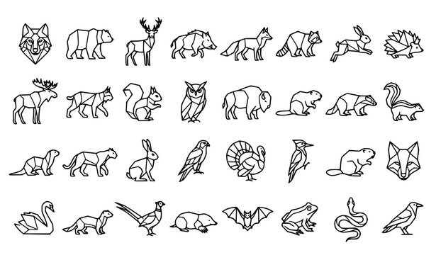 Low poly line animal icon set with wolf bear deer fox raccoon rabbit hedgehog and wild boar vector illustration
