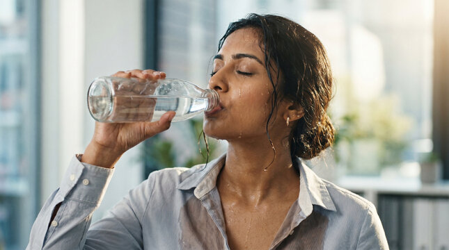 Exhausted Indian businesswoman sweating heavily and drinking water from glass bottle in hot office. Summer heatwave, dehydration and broken air conditioner concept.