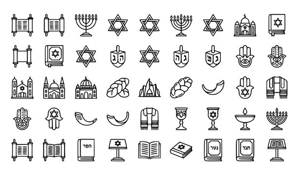 Jewish religion outline icon collection with Hanukkah symbols Torah scroll synagogue and Star of David vector set