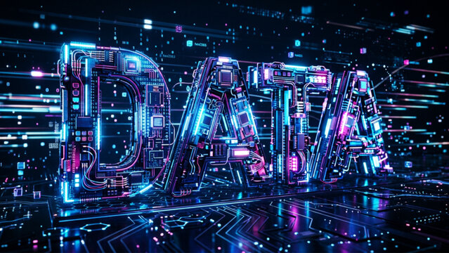 Three dimensional metallic word data built from intricate circuit board components with glowing neon lights against dark technological background representing big data analytics.