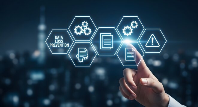 Human hand touching holographic data loss prevention control panel with gears and document icons, technology