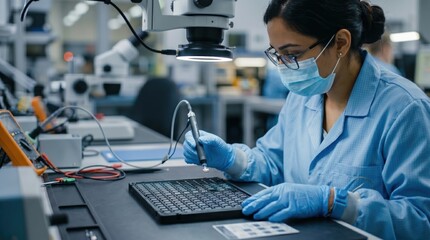 Fototapeta premium Technician lifting tiny chips from inspection tray highlights microelectronics screening, component review, defect detection and practical production quality assurance.