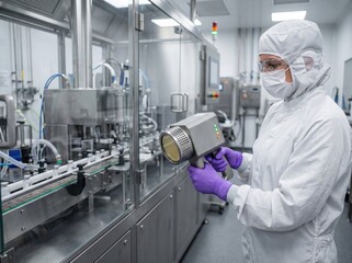 Naklejka premium Active air sampling in pharmaceutical cleanroom shows airborne microbiology monitoring, environmental control and sterile production compliance in regulated manufacturing.