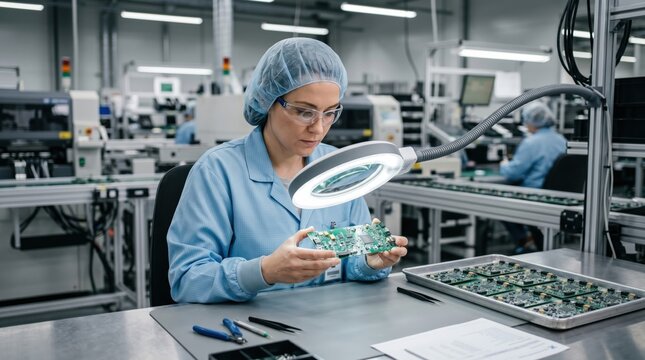 Automated optical inspection of populated circuit board shows microelectronics quality control, defect detection, production screening and reliable electronics manufacturing.